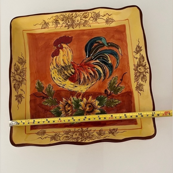 MAXCERA CORP Orange Rooster Square Plate Sunflowers Floral Edge Pattern Farmcore - Picture 8 of 8